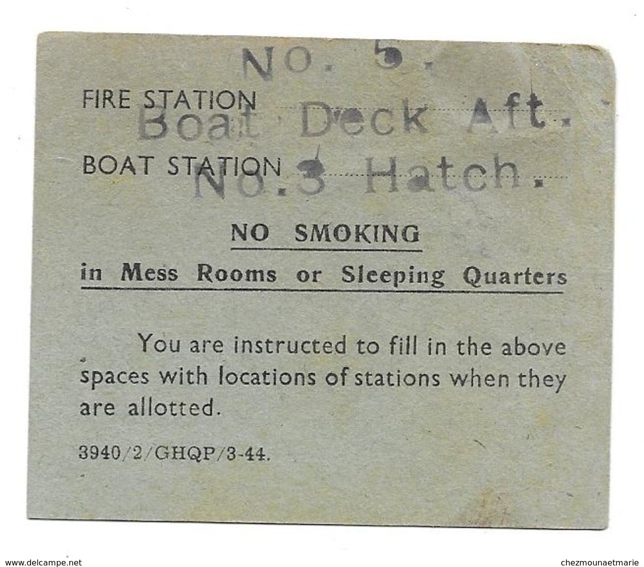 BERTHING CARD - N°5 BOAT DECK AFT N°3 HATCH - FIRE STATION BOAT SATATION - MILITAIRE - Bateaux