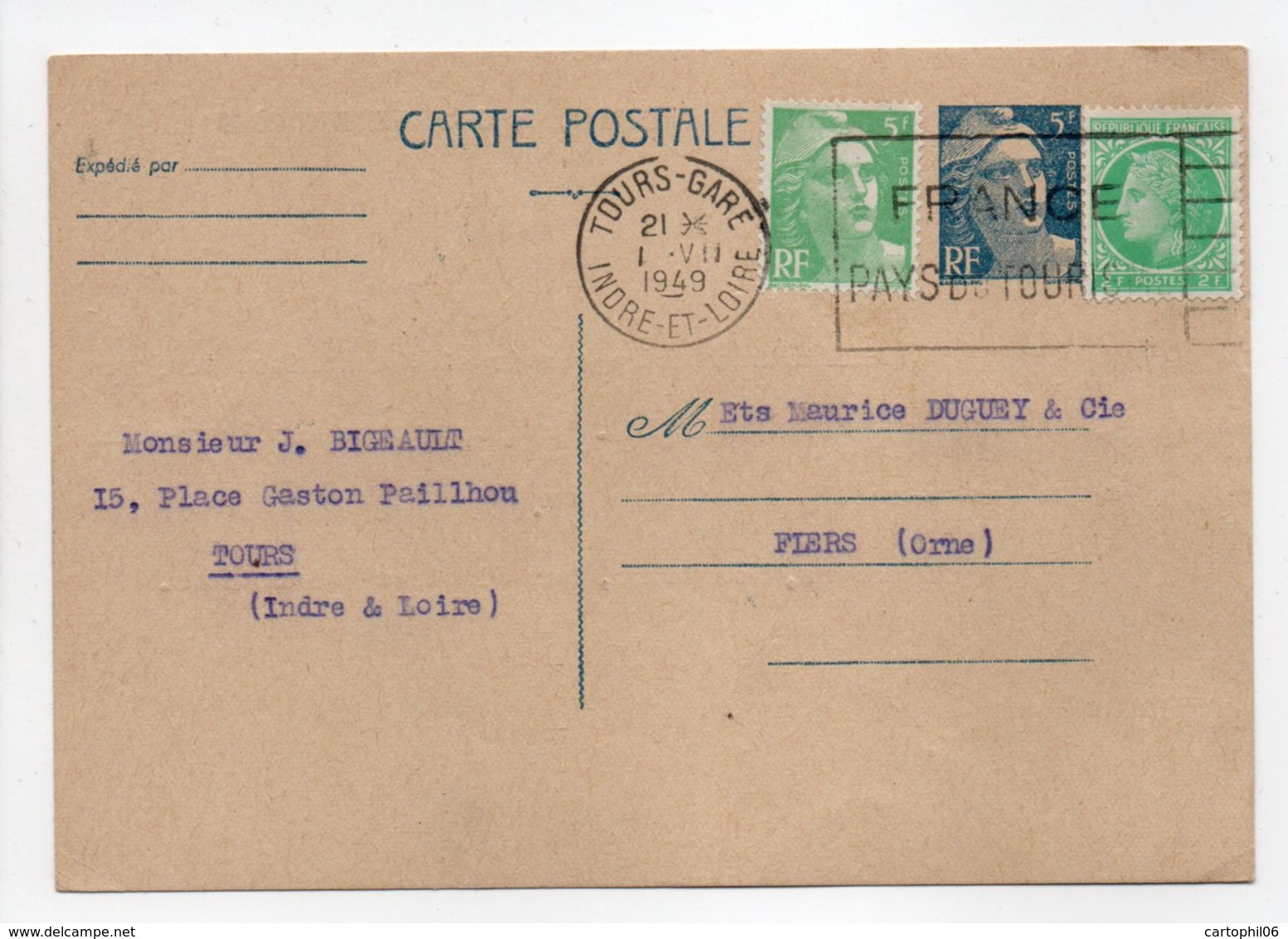 - Carte Postale MAISON BIGEAULT, TOURS Pour TISSAGES DUGUEY, FLERS 1.7.1949 - - Cartes Postales Types Et TSC (avant 1995)