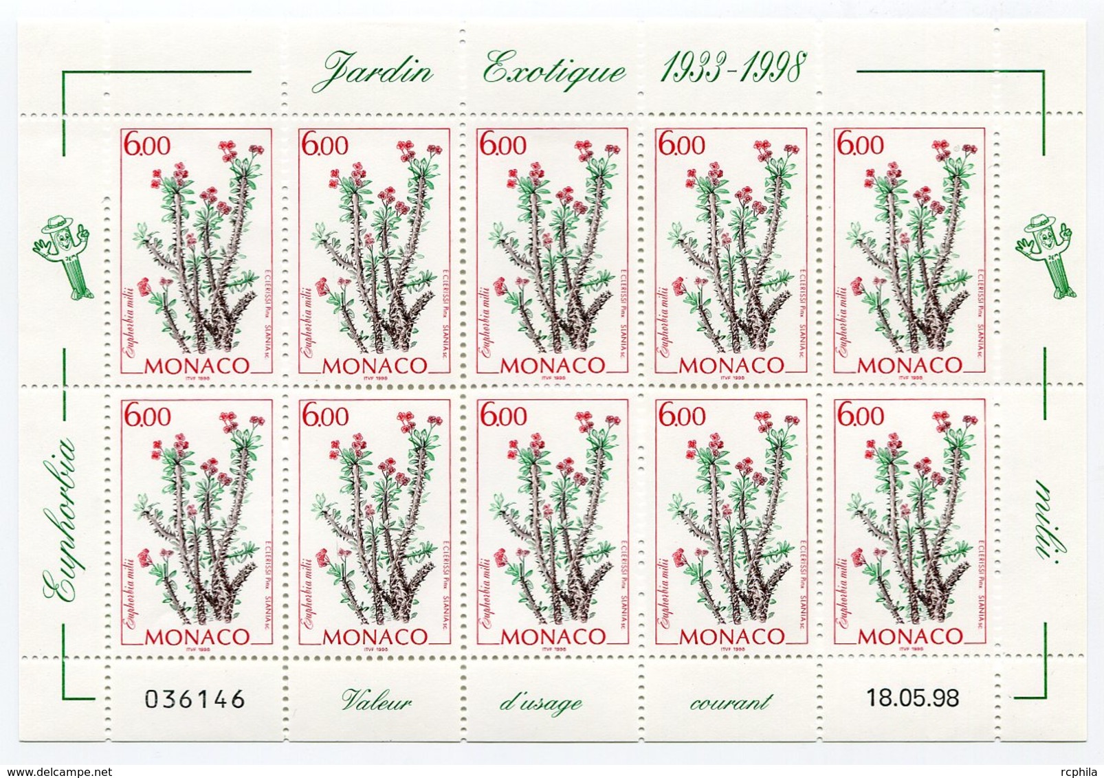 RC 15239 MONACO FEUILLE JARDIN EXOTIQUE FLORE FACIALE = 60FRS = 9,14€ NEUF ** MNH TB - Neufs