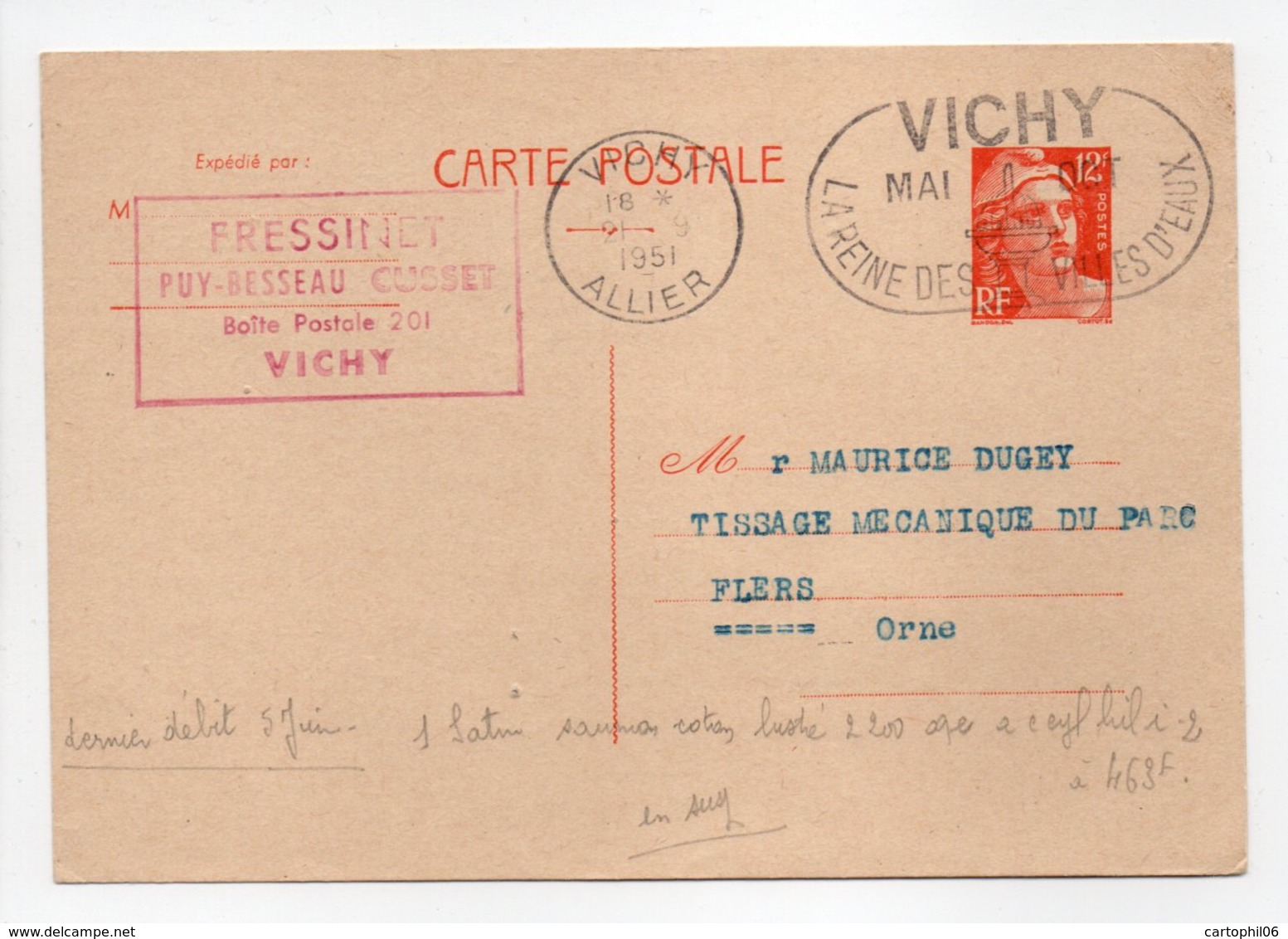 - Carte Postale MAISON FRESSINET, VICHY Pour TISSAGES DUGUEY, FLERS (Orne) 21.9.1951 - 12 F. Orange Marianne De Gandon - - Cartoline Postali E Su Commissione Privata TSC (ante 1995)