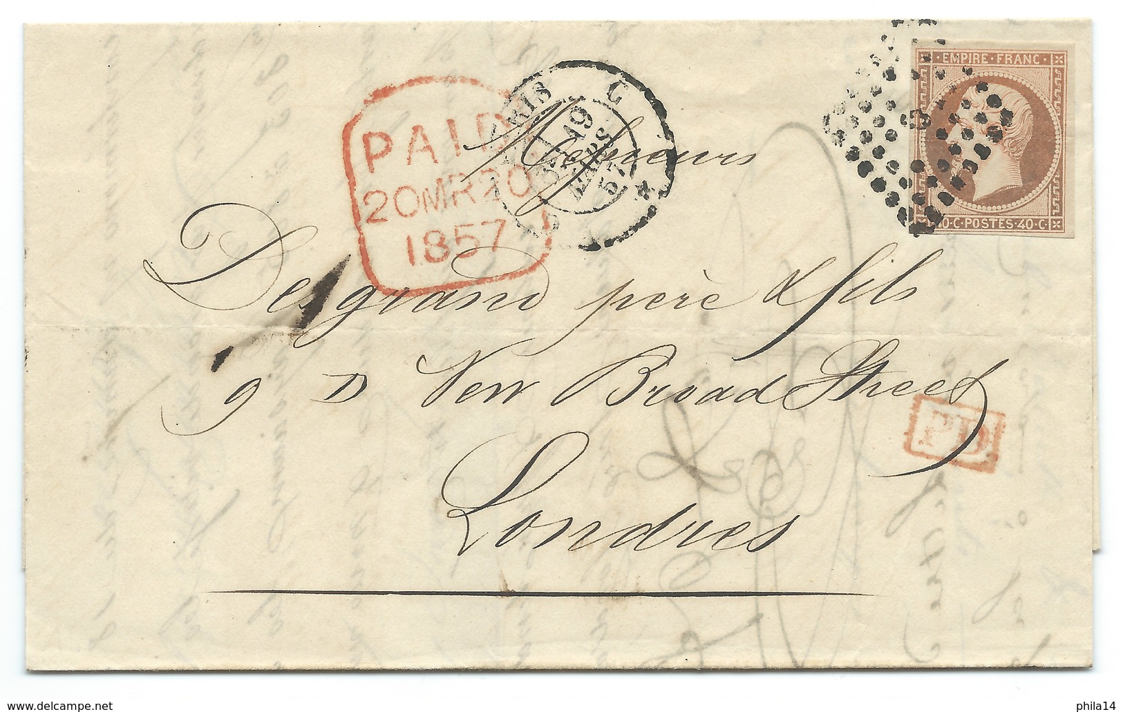 N° 16 ORANGE NAPOLEON SUR LETTRE / PARIS POUR LONDRES GB / 1857 - 1849-1876: Klassik