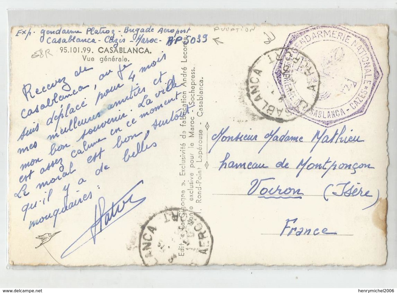 Marcophilie Maroc Casablanca 1956 Cachet Gendarmerie Nationale Base Aérienne Airport  Cazes Pour Voiron - Cachets Militaires A Partir De 1900 (hors Guerres)