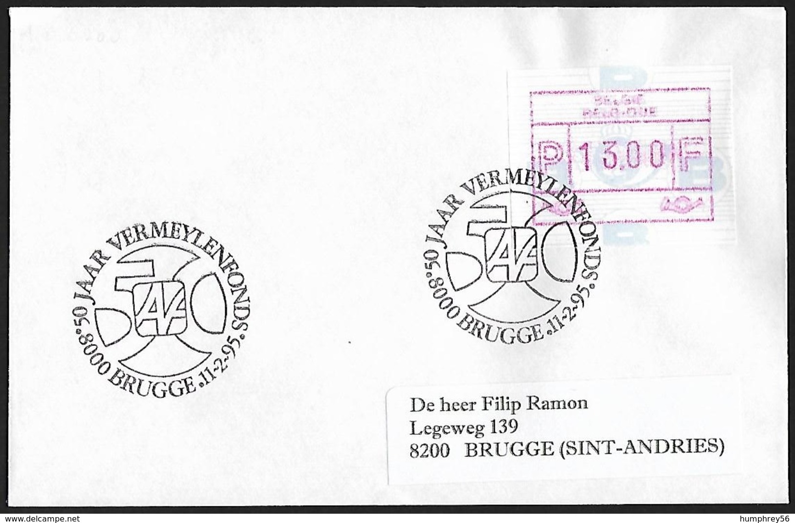 1995 - BELGIË/BELGIQUE/BELGIEN - Cover "Vermeylenfonds" + ATM 85 + BRUGGE - Afgestempeld