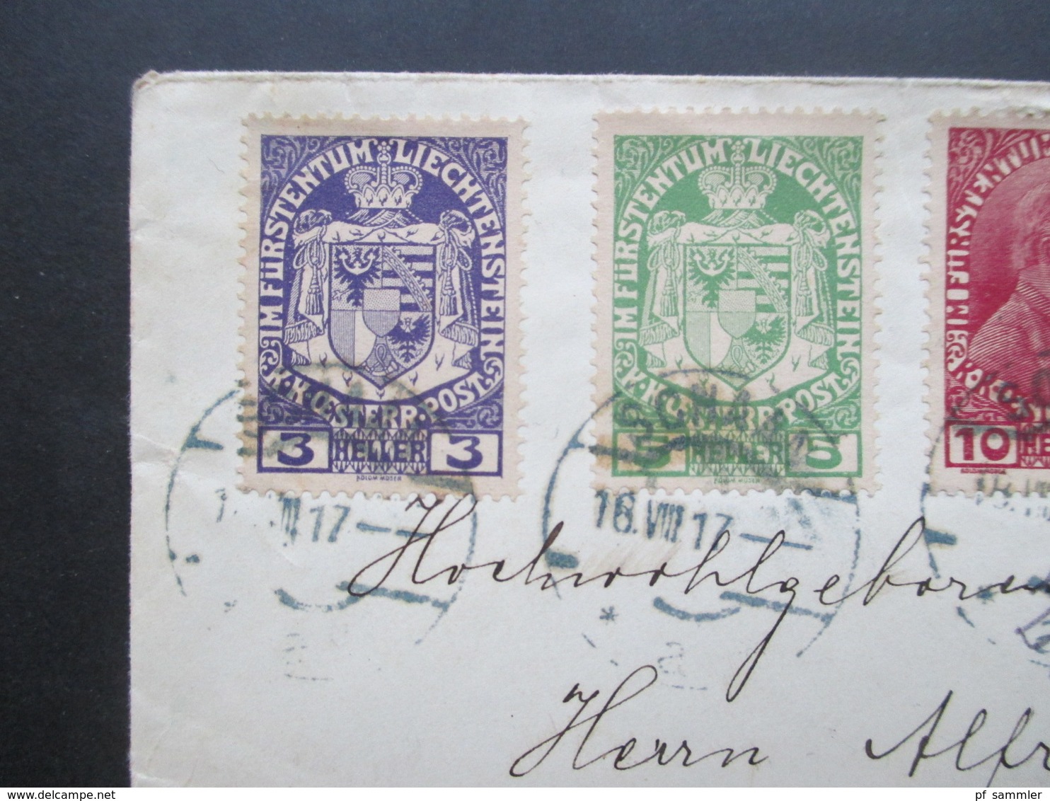 Österreich / Liechtensteinn 1917 Satzbrief Nr. 4-9 (ohne Nr.8!) Reko / Einschreiben Schaan - Meran Zensuriert Feldkirch - Storia Postale
