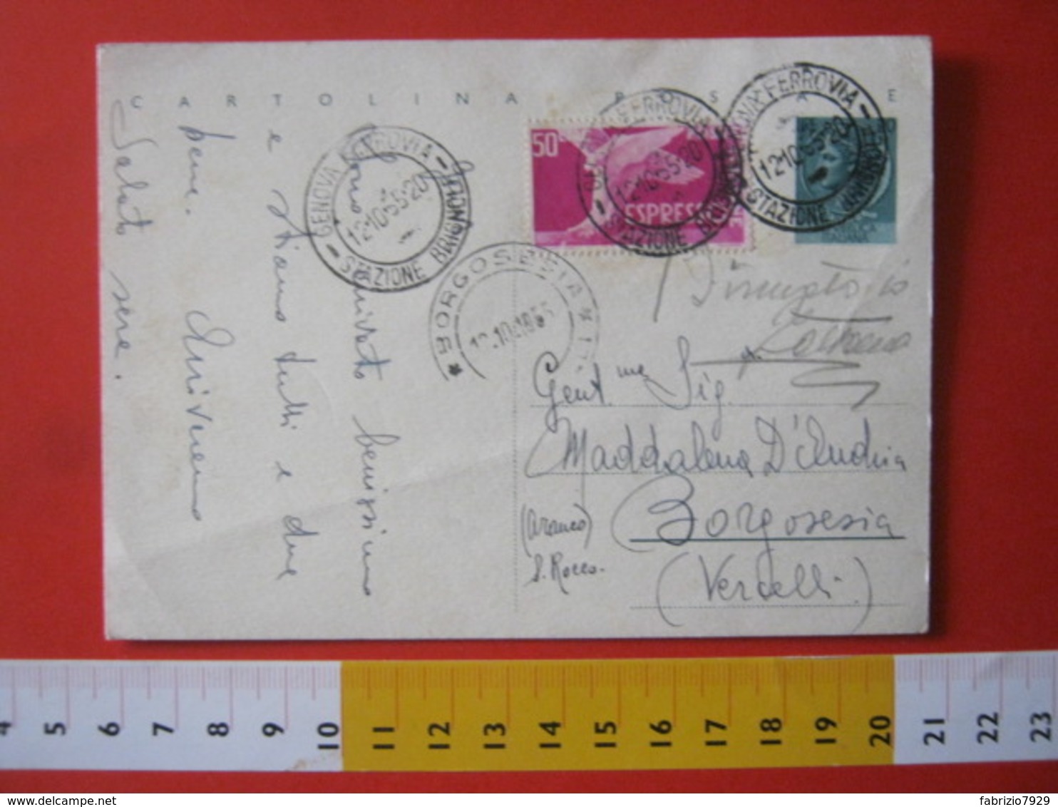 PC.4 ITALIA CARTOLINA POSTALE - 1953 SIRACUSANA £ 20 SCRITTA ALTO + FR. ESPRESSO DA GENOVA STAZIONE BRIGNOLE BORGOSESIA - Interi Postali