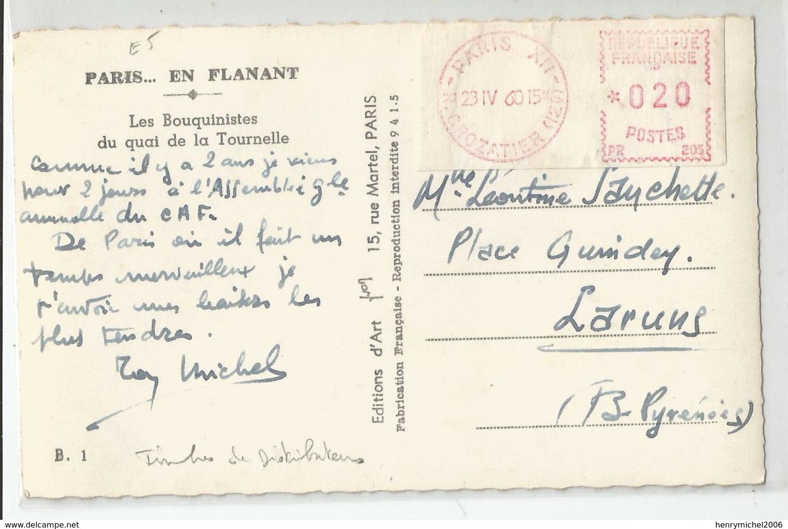 Marcophilie Vignette 1960 Paris 12e Rue Crozatier ( Timbre De Distributeur ? ) Pour Laruns 64 - Other & Unclassified