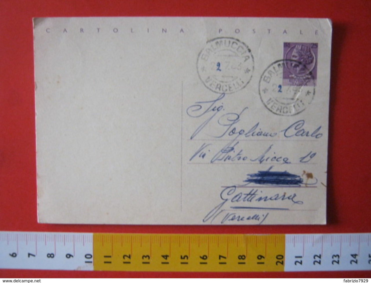 PC.4 ITALIA CARTOLINA POSTALE - 1956 SIRACUSANA £ 25 SCRITTA ALTO DA BALMUCCIA VALSESIA VERCELLI Corretto A Mano - Interi Postali