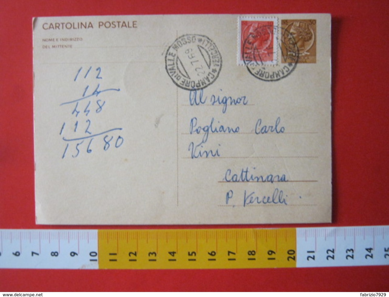 PC.4 ITALIA CARTOLINA POSTALE 1966 SIRACUSANA £ 30 SCRITTA SINISTRA DA CAMPORE DI VALLE MOSSO BIELLA VERCELLI + FR. 1969 - Entiers Postaux