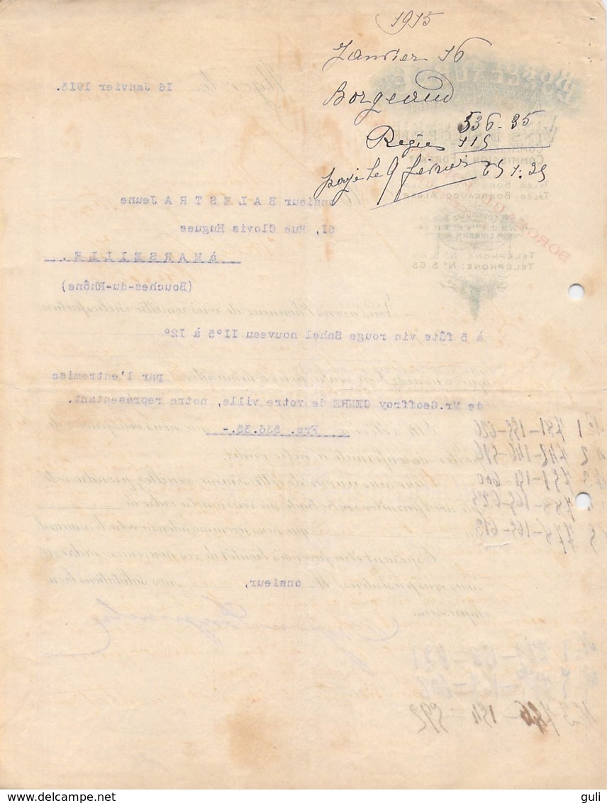 ALGERIE BORGEAUD And Cie Alger Mustapha  Vins D'Algérie  Lettre De 1915  à Balestra Jeune Marseille  *PRIX FIXE - Other & Unclassified