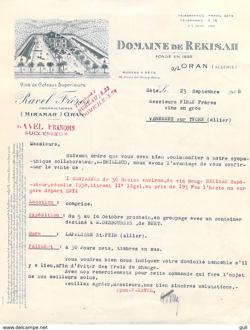 ALGERIE Domaine De REKISAH Ravel - Miramar Oran Vins D'Algérie Lettre De 1938  à Pible Varennes Sur Teche*PRIX FIXE - Other & Unclassified