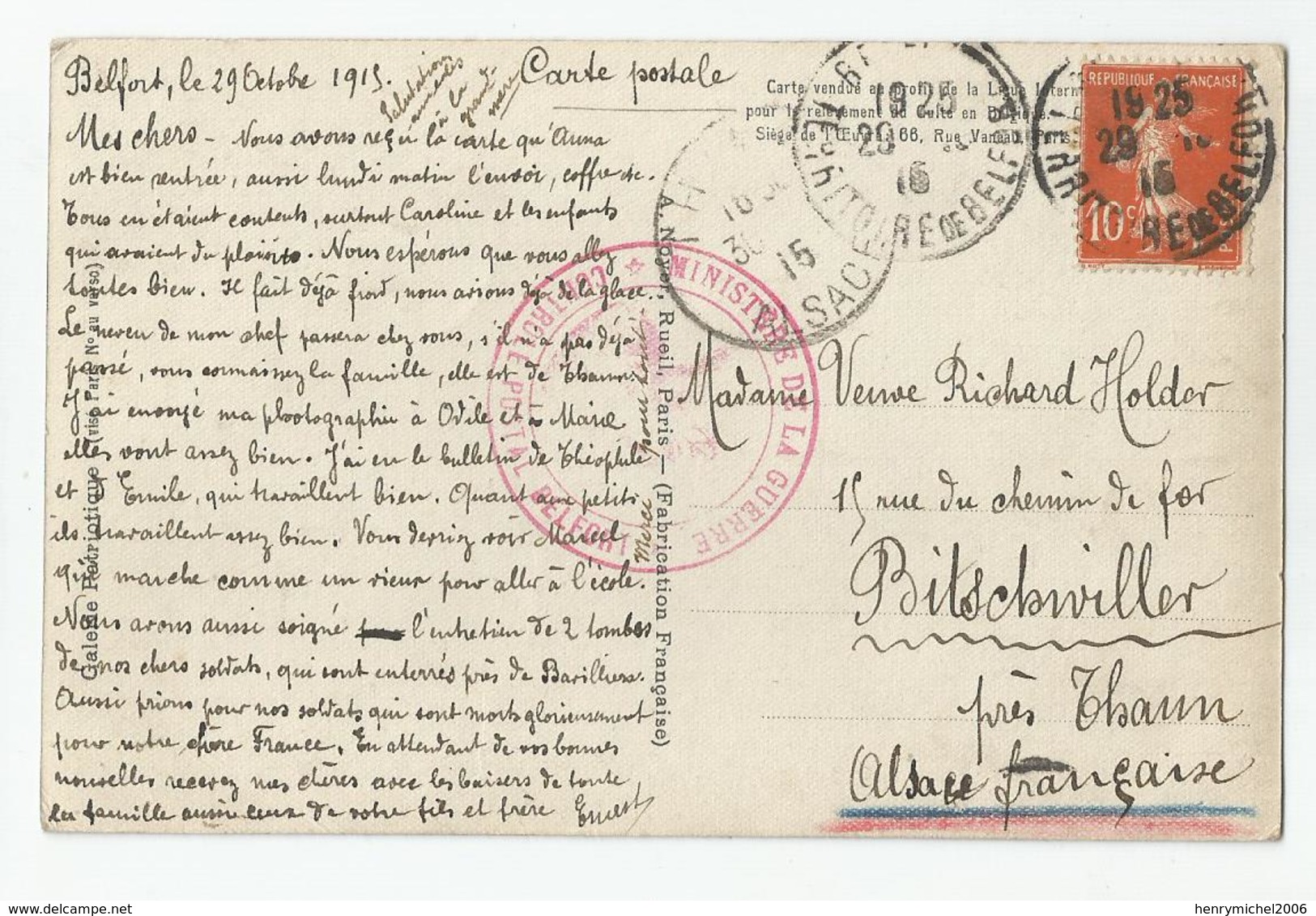 Marcophilie Cachet  Controle Postal Belfort Ministère De La Guerre Pour Bitschviller Près Thann Alsace Française 1915 - WW I