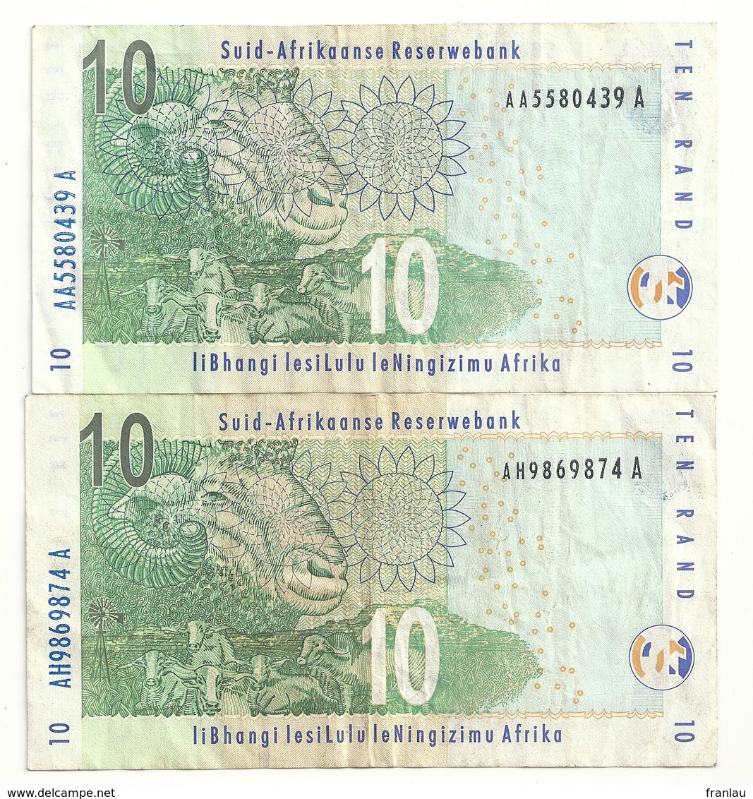 South African Resere Bank 2 Billets 10 Rand Rhinoceros - Sudafrica