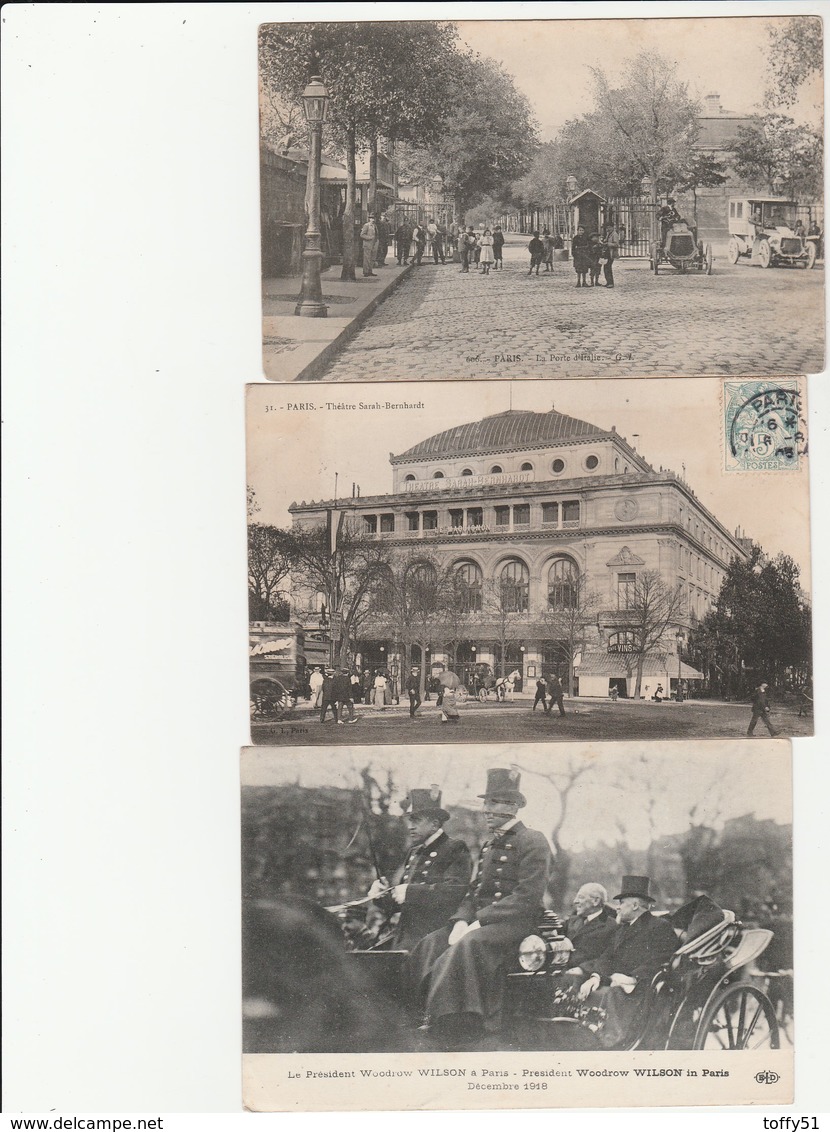 6 CPA:PARIS (75) ANCIENNES VOITURES,ATTELAGES BOIS DE BOULOGNE,PRÉSIDENT WOODROW WILSON ,THÉÂTRE SARAH BERNHART,....... - Sonstige & Ohne Zuordnung