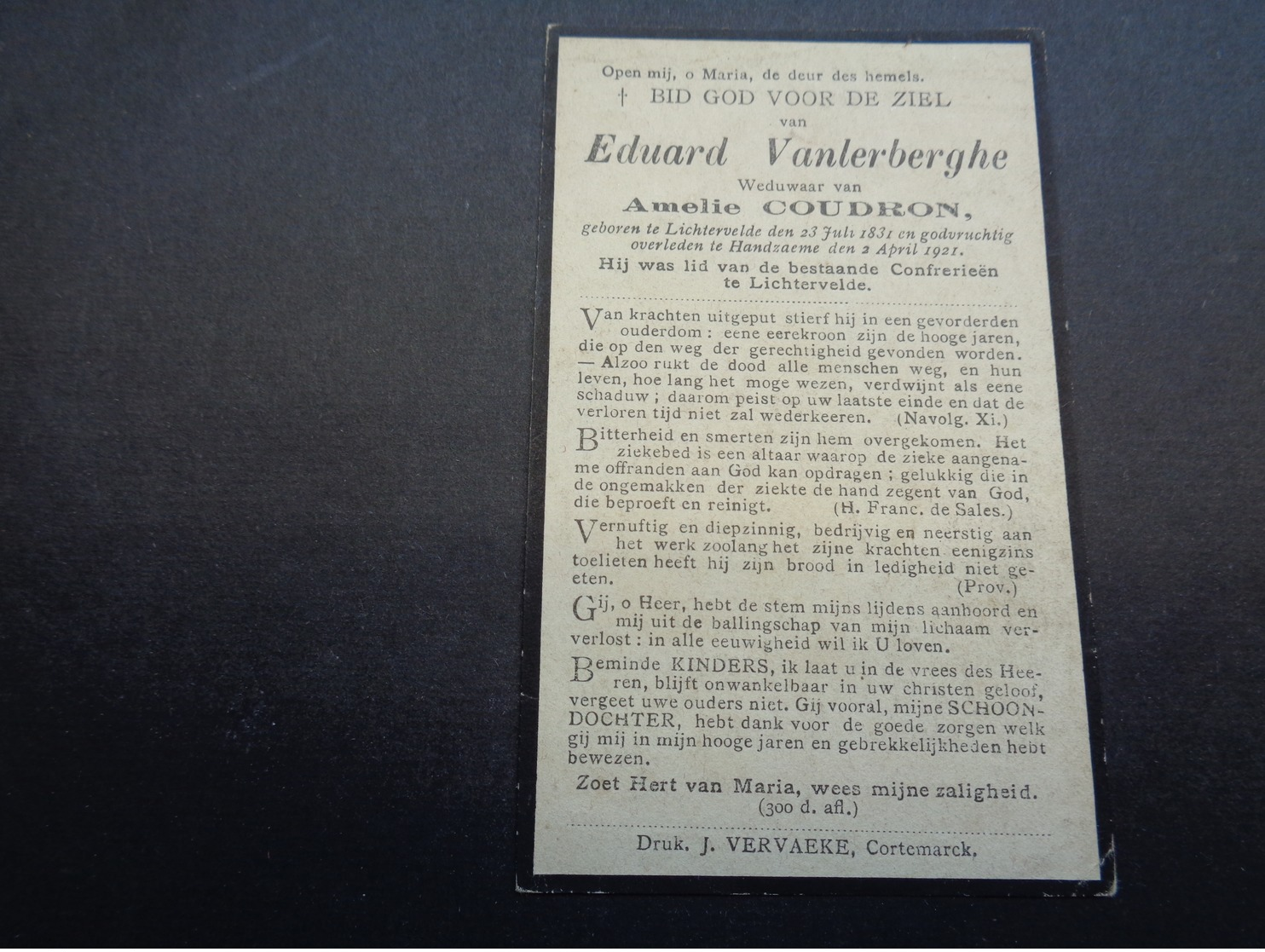 Doodsprentje ( 23 )  Vanlerberghe / Coudron  - Lichtervelde  Handzame  1921 - Avvisi Di Necrologio