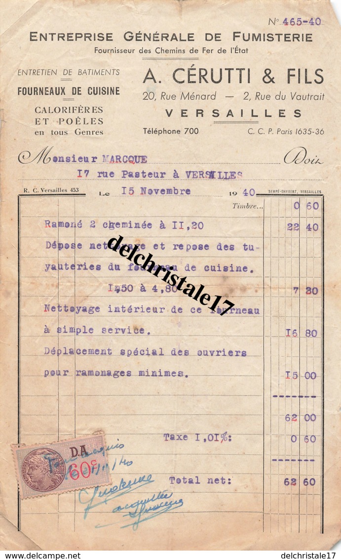 78 VERSAILLES SEINE - 1940 - ENTREPRISE GLE DE FUMISTERIE FOURNISSEUR DES CHEMINS DE FER DE L'ÉTAT A. CÉRUTTI & FILS - 1900 – 1949