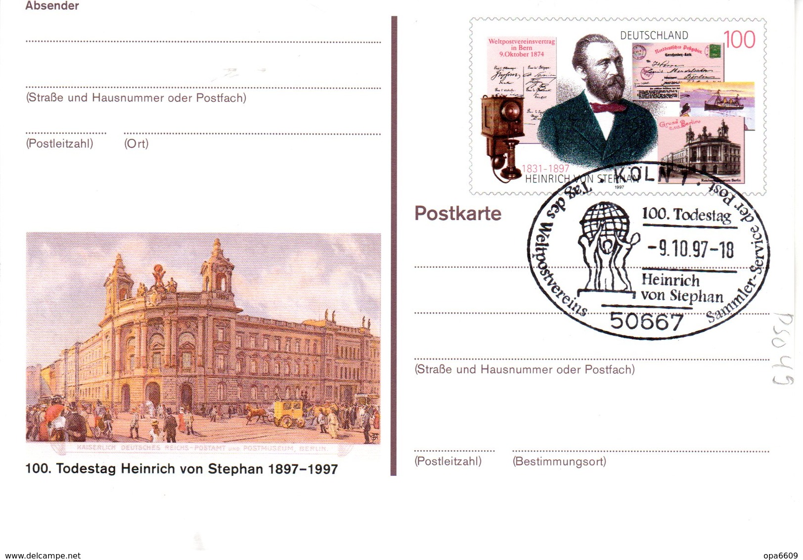 BRD Amtl. GZS-Sonderpostkarte PSo 49 "100.Todestag Heinrich Von Stephan" WSt "H. Von Stephan", ESSt 9.10.1997 KÖLN 1 - Postcards - Used