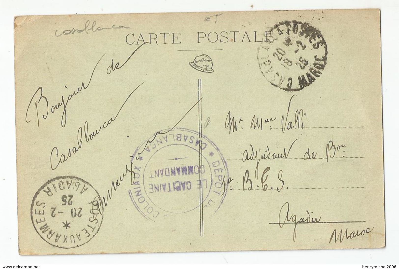 Marcophilie Cachet Dépot Des Coloniaux Casablanca Pour Agadir Maroc 1925 , Débarquement Sommaire - Militärstempel Ab 1900 (ausser Kriegszeiten)