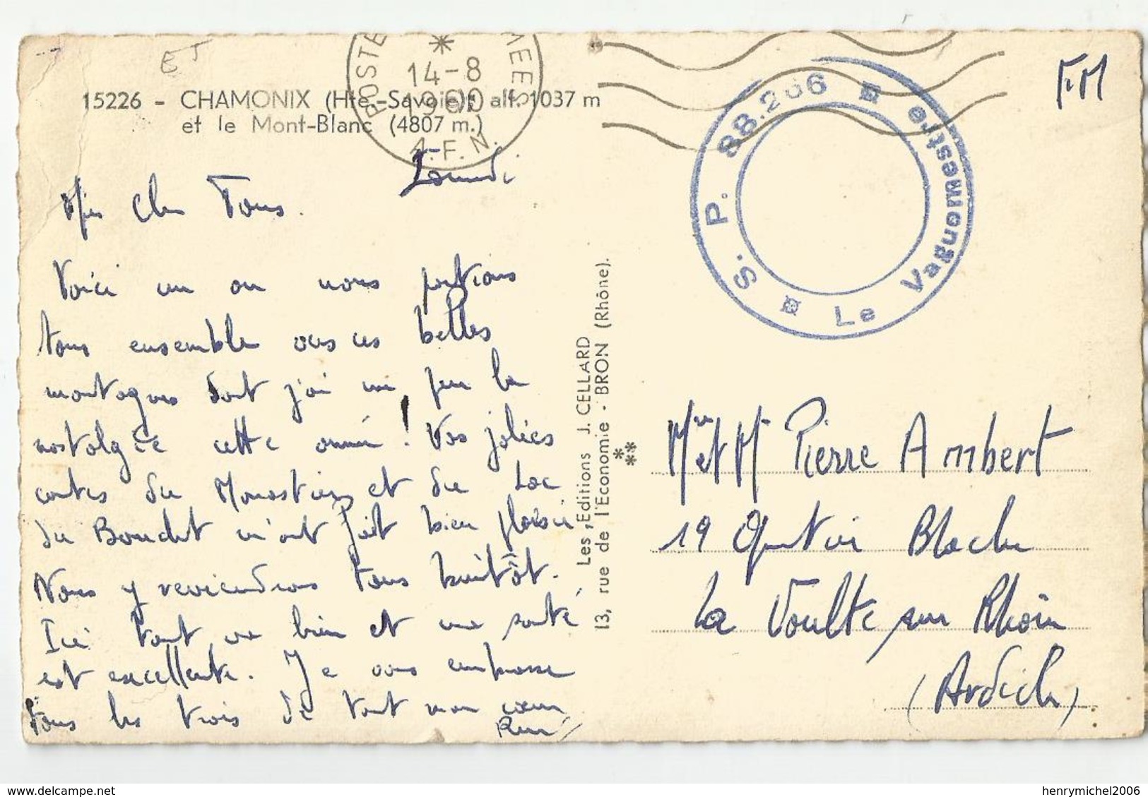 Marcophilie Cachet Militaire Sp 88.206 Sp Vaguemestre Afn Chamonix Pour La Voulte Sur Rhone 07 Ardèche - Algerienkrieg