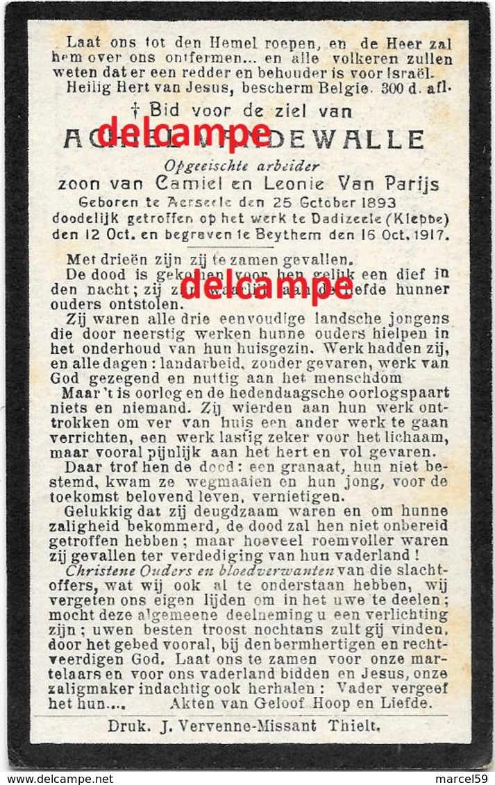 OORLOG Guerre Achiel Vandewalle Aarsele Opgeeiste Soldaat Gesneuveld Te Dadizele Kleppe Okt 1917 Van Parijs - Santini