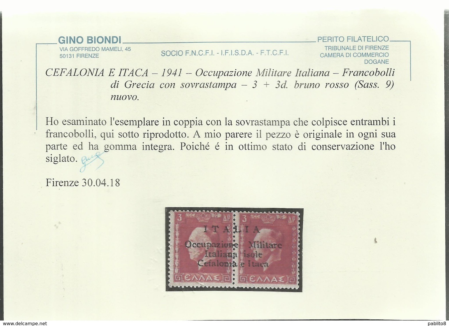 OCCUPAZIONE ITALIANA CEFALONIA E ITACA KEFALONIA ITHACA 1941 KING GEORGE II RE GIORGIO ARGOSTOLI 3 + 3 D MNH CERTIFICATO - Cefalonia & Itaca