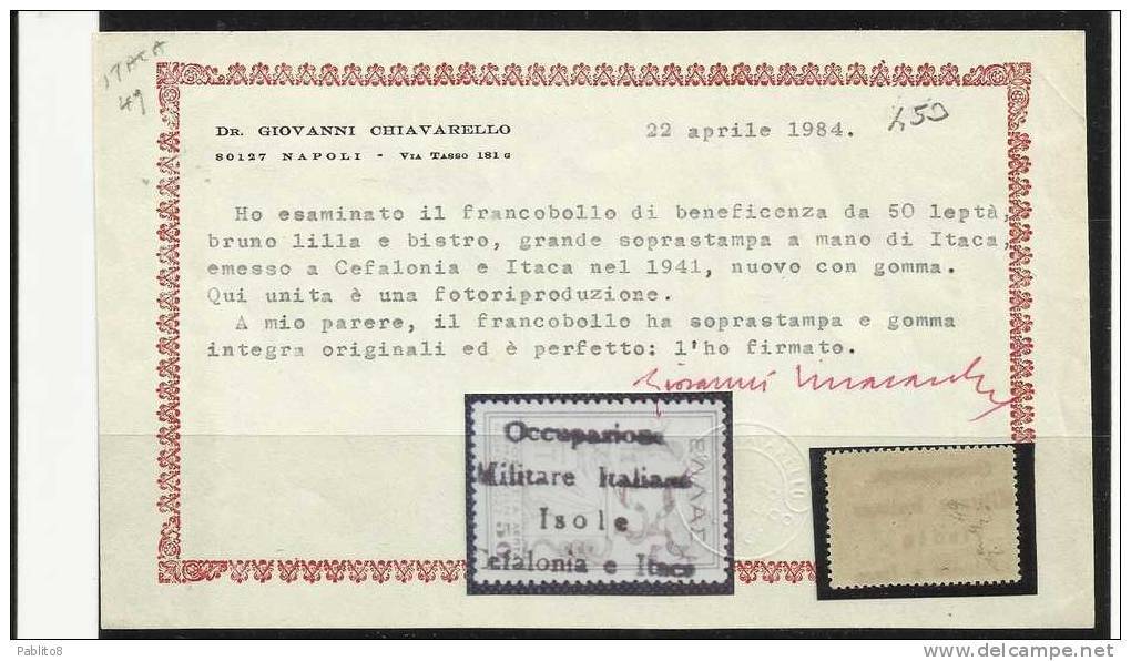 ITACA 1941 CEFALONIA BENEFICENZA LEPTA 50 L MNH CERTIFICATO - Cefalonia & Itaca