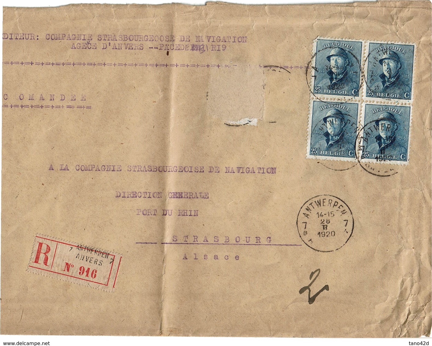 LCTN59/ALS 2 BB - BELGIQUE LETTRE BLOC DE 4 SUR RECOMMANDEE POUR CIE STRASBURGEOISE DE NAVIGATION  STRASBOURG TP ENLEVES - Covers & Documents