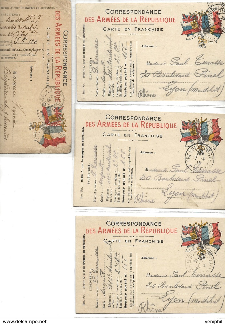 LOT DE 4 CARTES DE FRANCHISE AUX DRAPEAUX -ANNEE 1915 - WW I