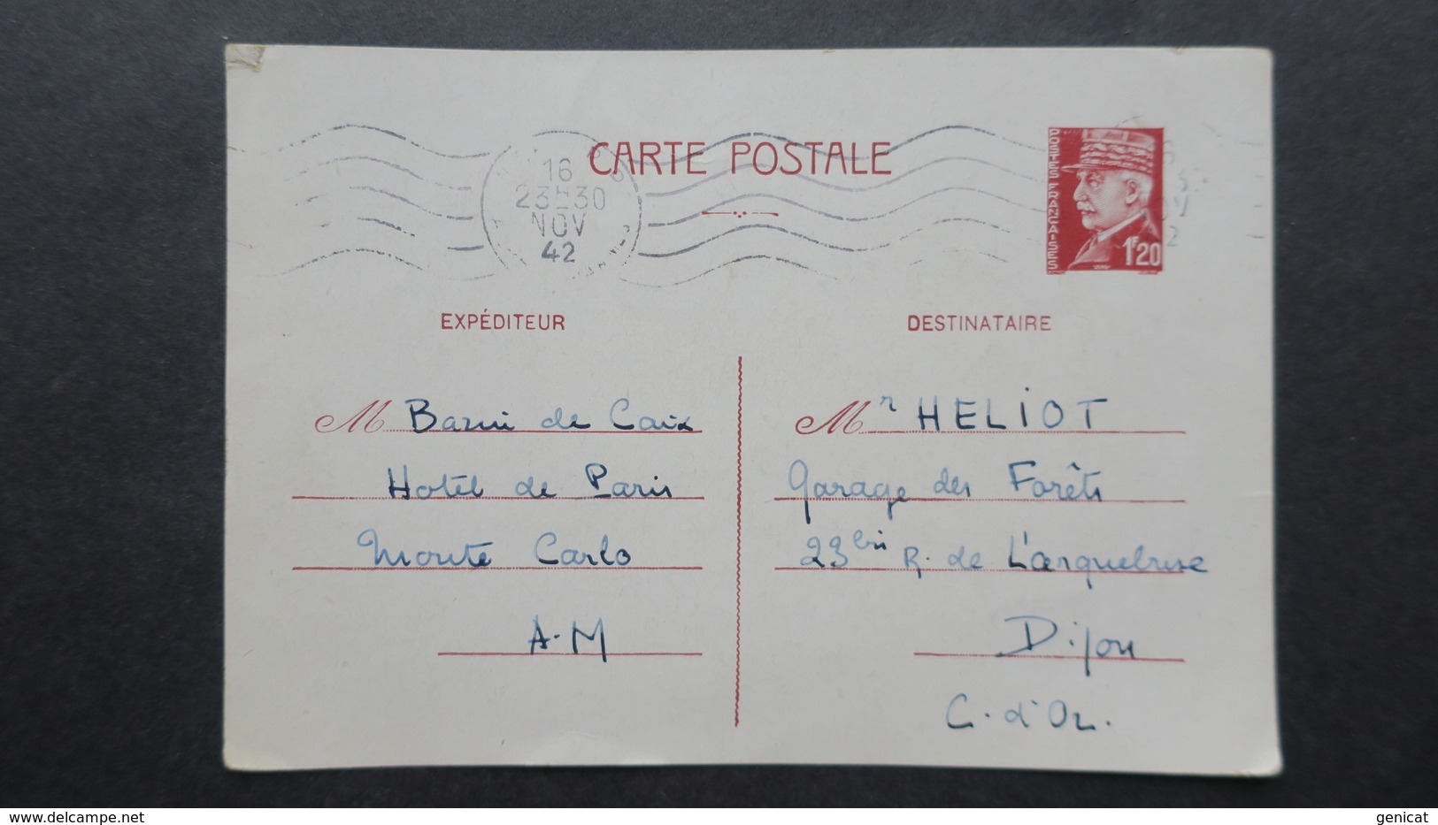Entier Postal 1,20 F Petain 1942 De Monaco Oblitéré Nice Pour Dijon - Cartes Postales Types Et TSC (avant 1995)