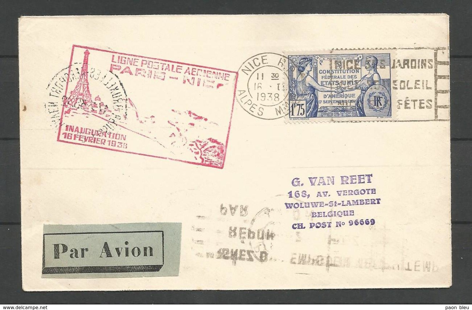 France - Aérophilatélie - Lettre Du 16/12/38 - Cachet Inauguration 16/02/1938 Ligne Paris-Nice - 1960-.... Lettres & Documents