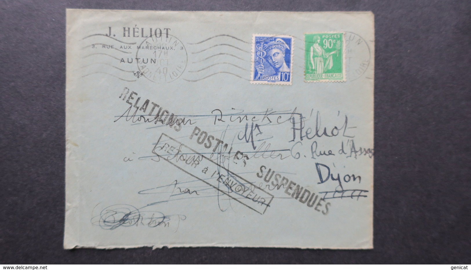 Lettre Octobre 1940 De Autun Griffe Relations Postales Suspendues Pour Le Bas Rhin - Guerre De 1939-45