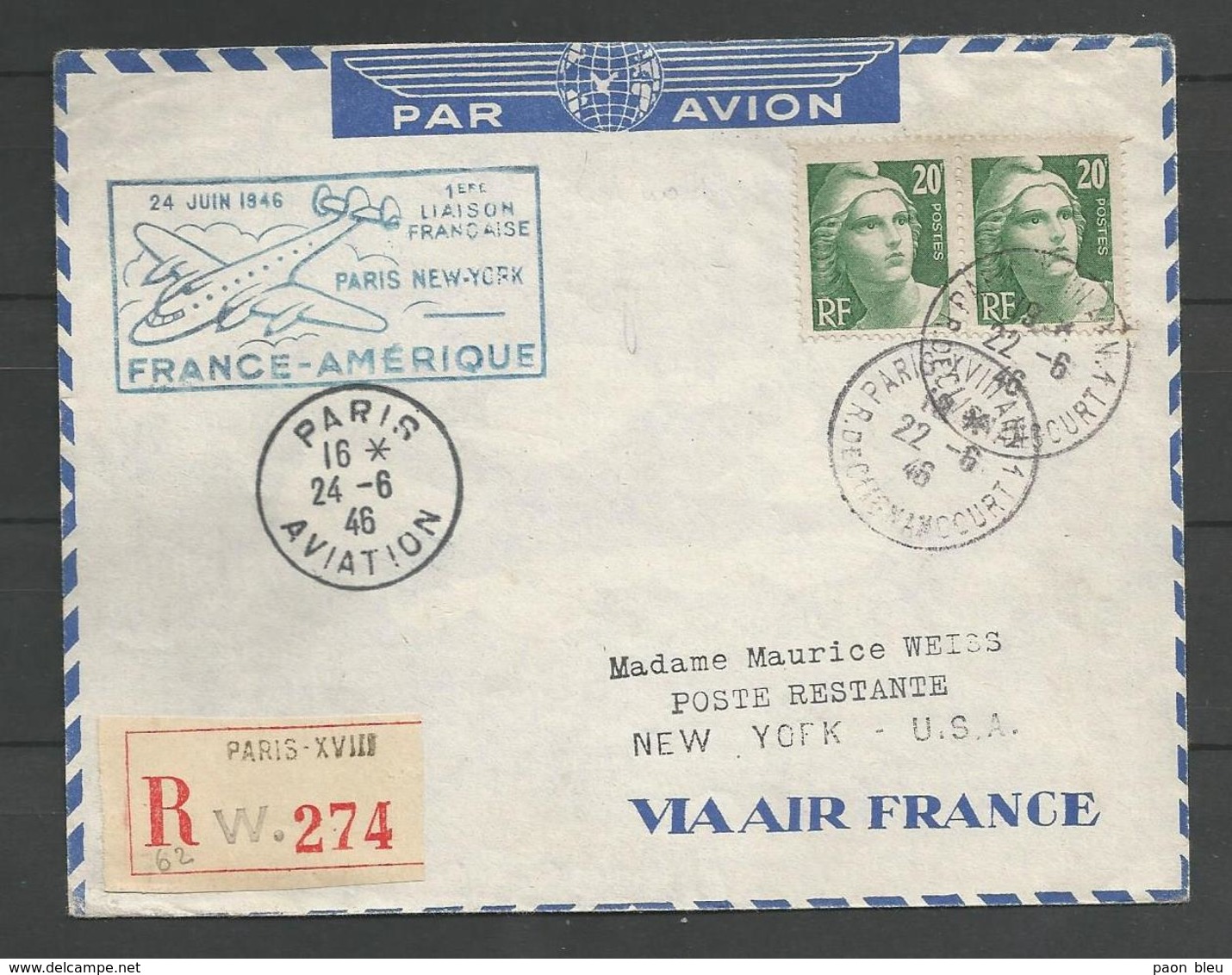 France - Aérophilatélie - Lettre + Cachet 1ère Liaison Française Paris-New-York 24/06/46 - 1960-.... Lettres & Documents