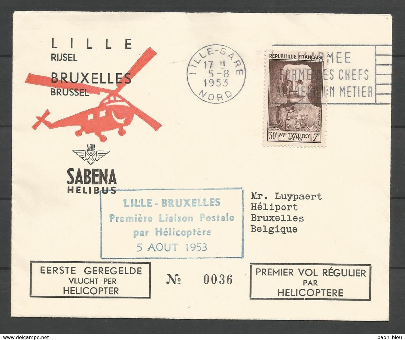 France - Aérophilatélie - Carte 05/08/53 - Cachet 1ère Liaison Lille-Bruxelles Par Hélicoptère Sabena-Hélibus - 1960-.... Brieven & Documenten