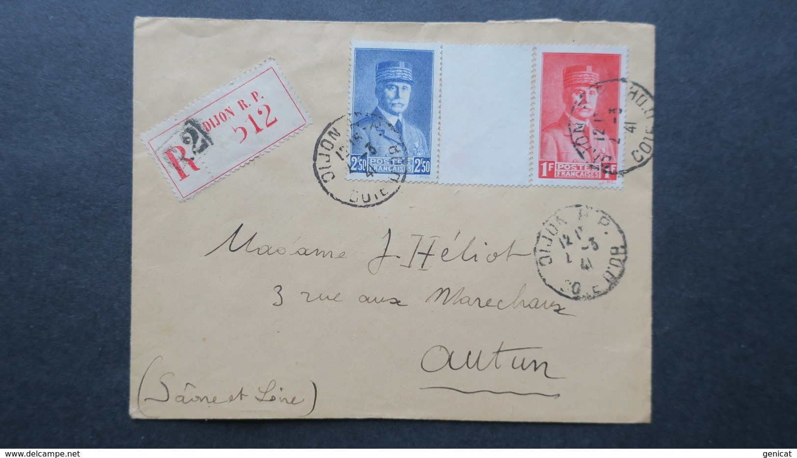 Lettre Recommandé Dijon  Mars 1941 Affranchissement Tricolore Petain 472 Et 473 Pour Autun - Guerre De 1939-45