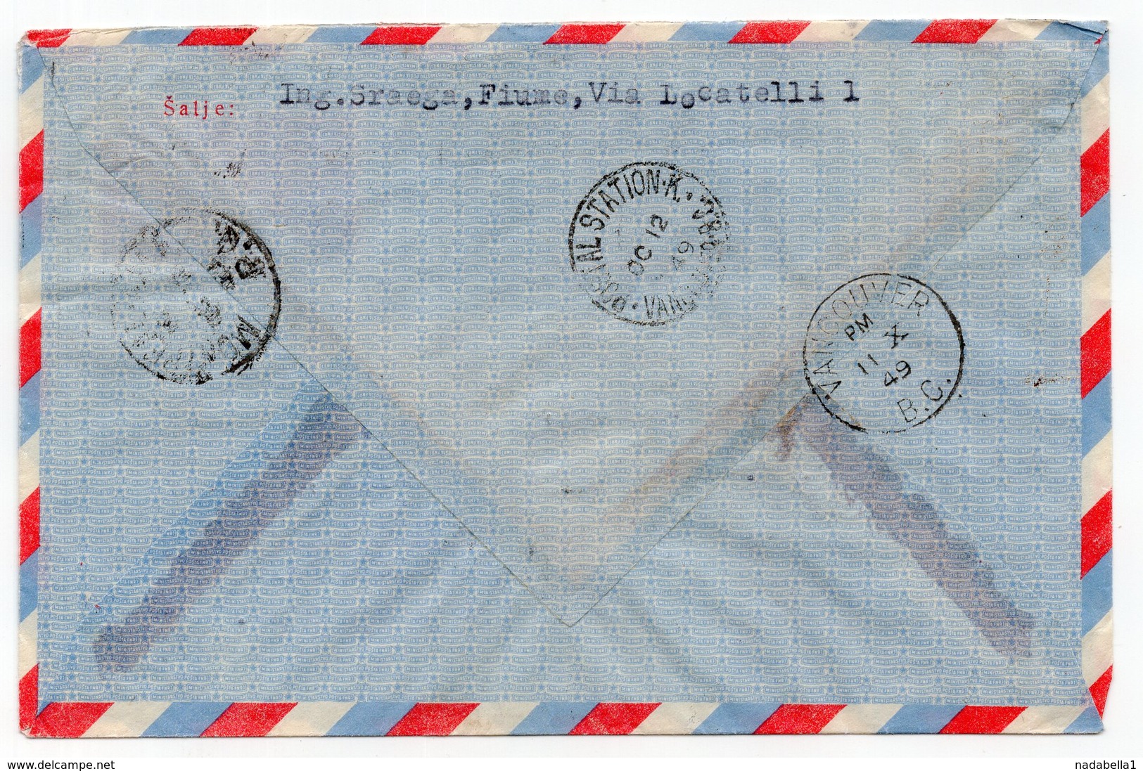 1949 YUGOSLAVIA, CROATIA, FIUME, RIJEKA TO VANCOUVER, CANADA, REGISTERED AIR MAIL - Covers & Documents