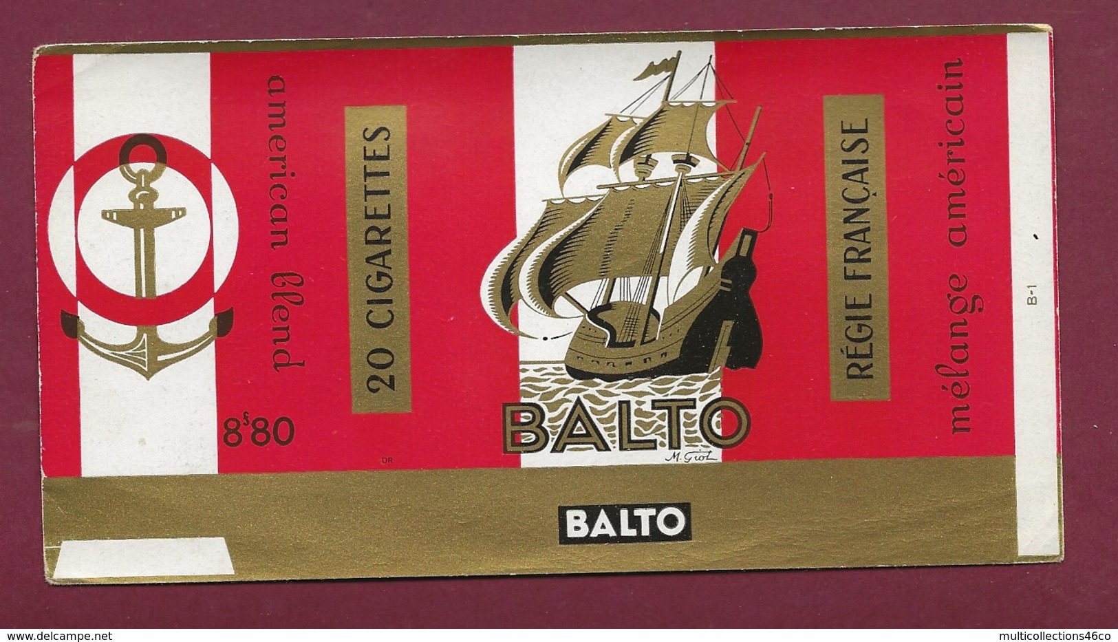 140120D - TABAC ETIQUETTE Cigarette - BALTO 20 Cigarettes Mélange Américain 8F80 Voilier Bateau Ancre M Giot - Other & Unclassified