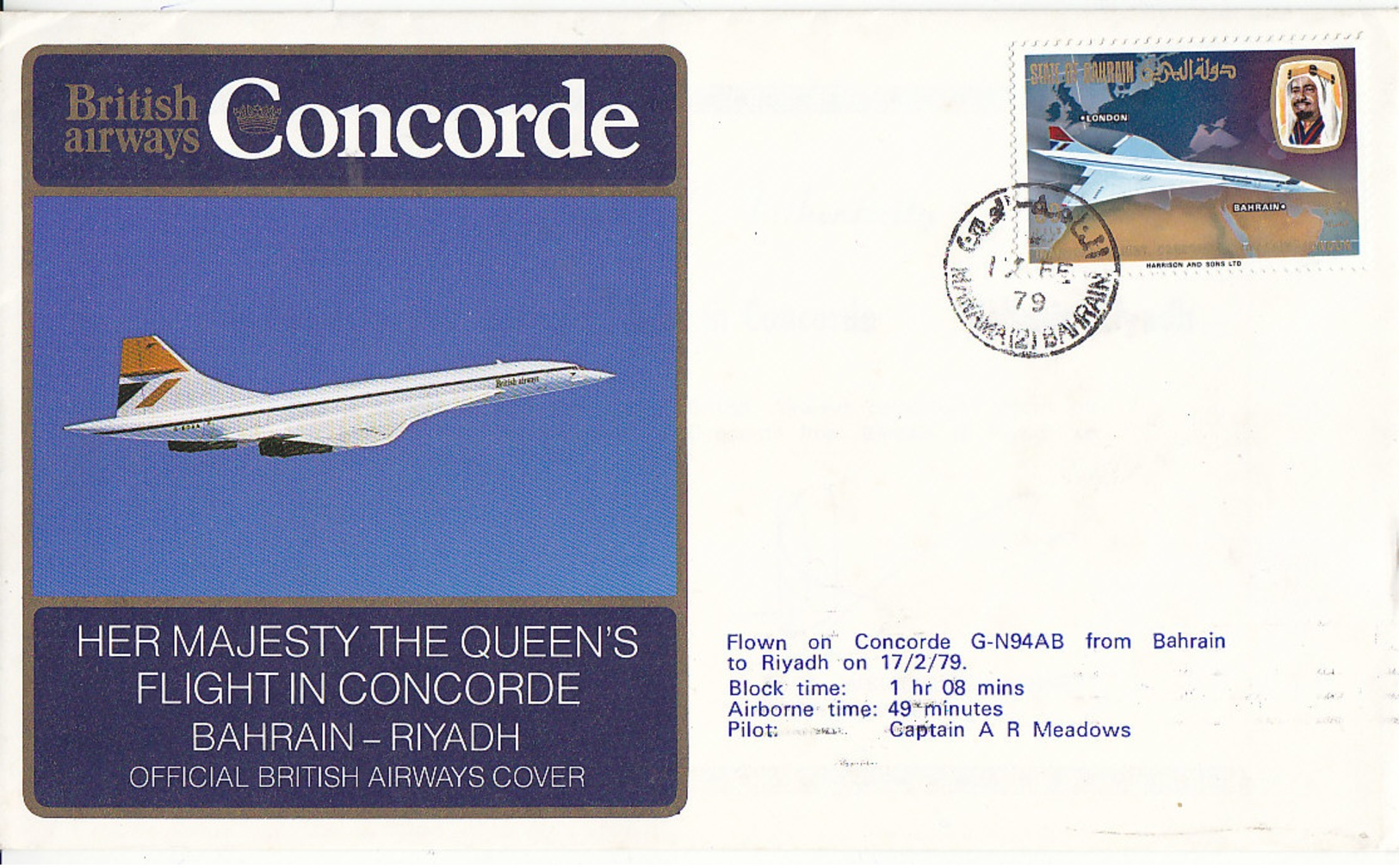 Her Majesty The Queen's Flight In Concorde Bahrain -  Riyadh ,avec Certificat ,1979 , 2 Scans - Bahreïn (1965-...)