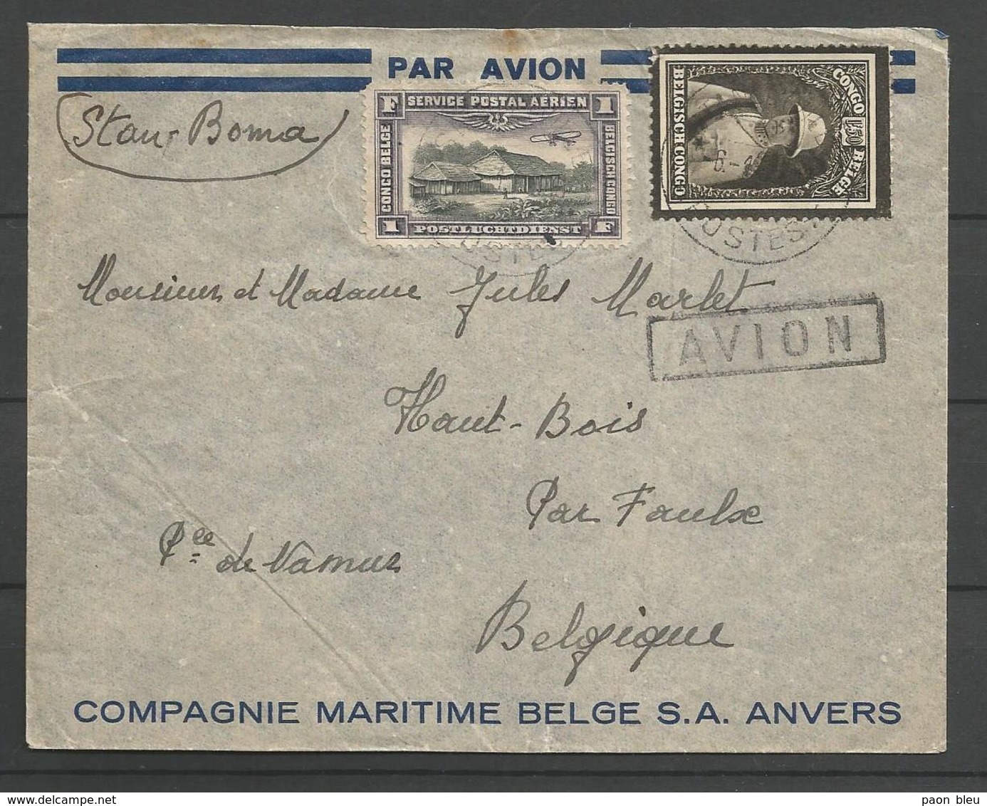 CONGO BELGE - Lettre Du 4-1-1935 - Par Avion De Stanleyville à Haut-Bois (Faulx-les-Tombes) - Brieven En Documenten