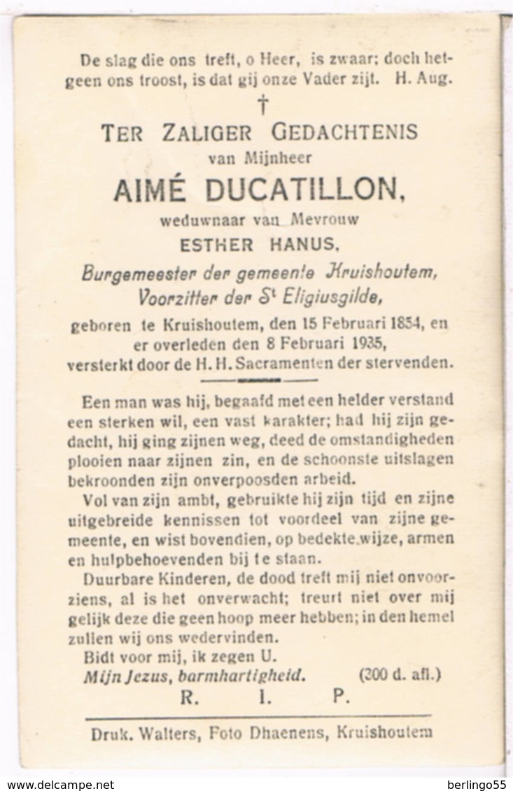 Dp. Burgemeester V. Kruishoutem. Ducatillon Aimé. Wed. Hanus Esther. ° Kruishoutem 1854 † Kruishoutem 1935  (2 Scan's) - Religion & Esotérisme