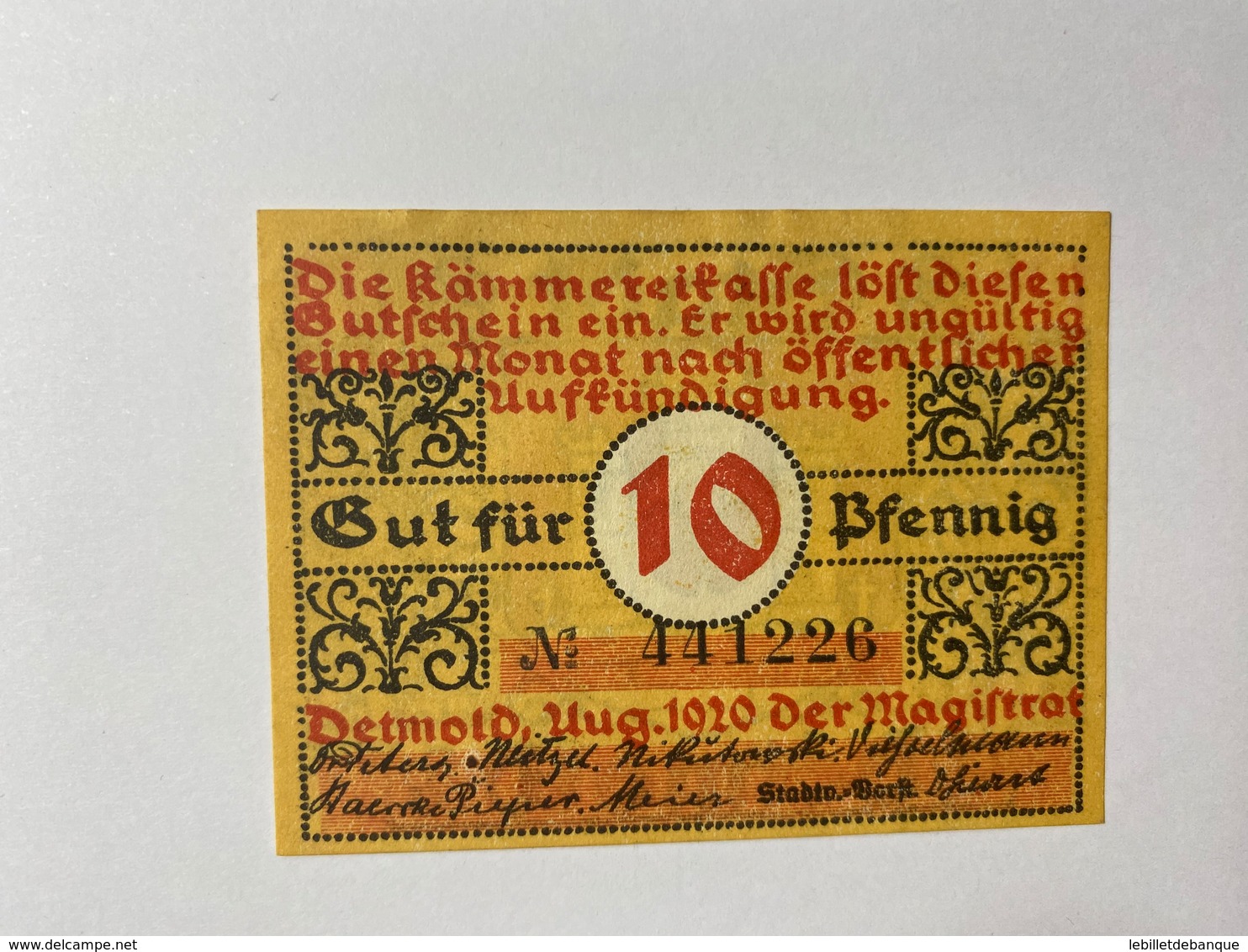 Allemagne Notgeld Detmold 10 Pfennig - Collections