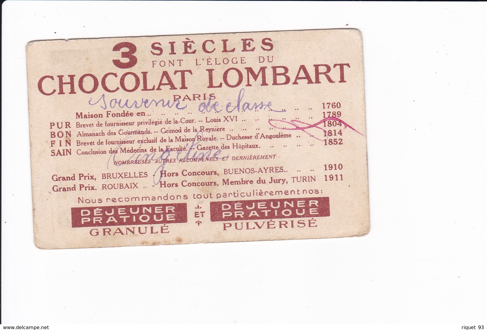 Lot 1 Cp Et 2 Images Chocolat LOMBARD - Voir Scans - Lombart