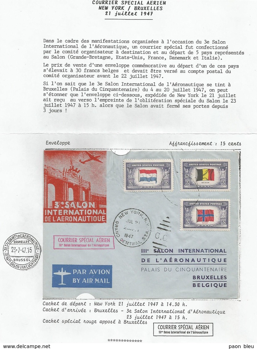 Aérophilatélie - USA - Lettre 21/07/1947 New-York/Bruxelles - Courrier Spécial Aérien - Salon Aéronautique - 1c. 1918-1940 Storia Postale