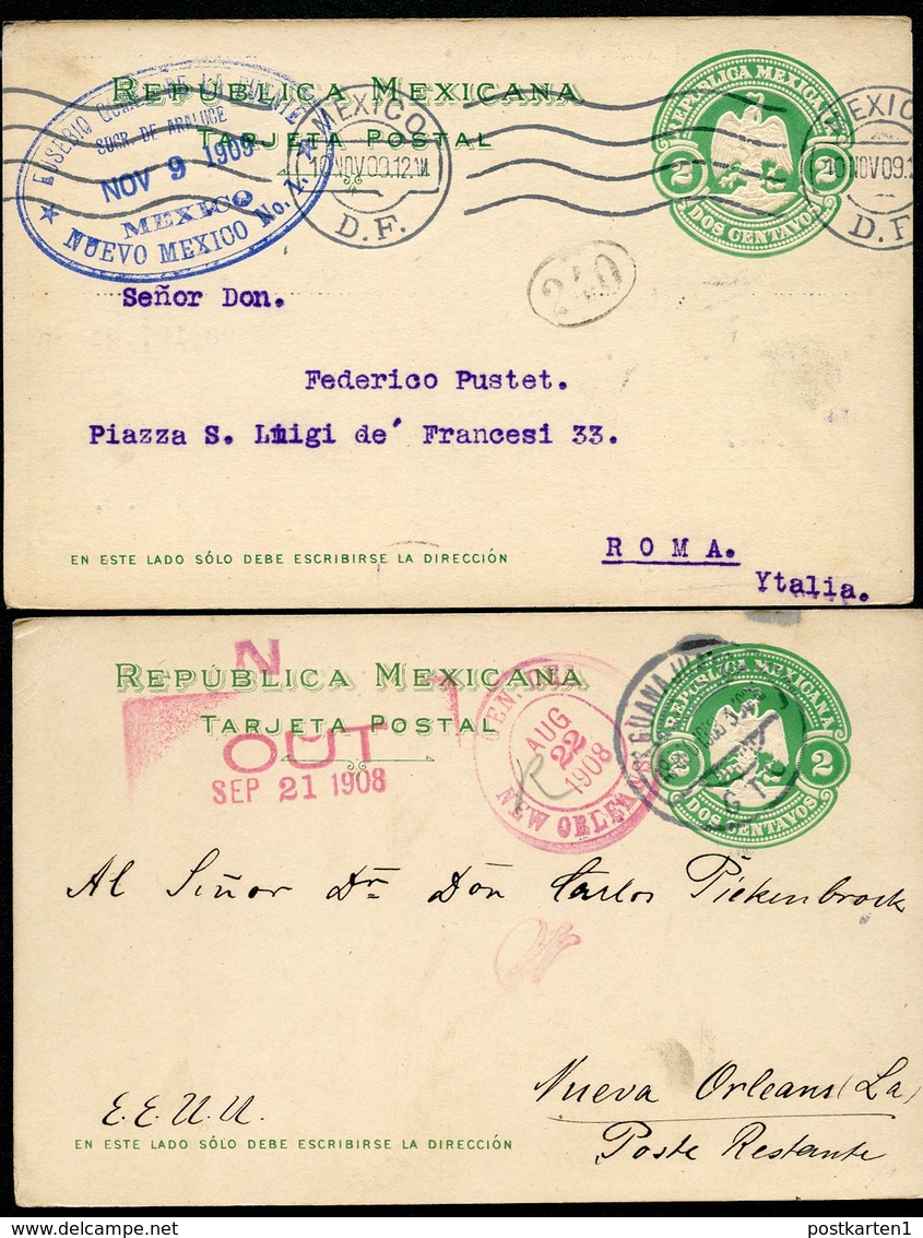 Mexico 2 Postal Cards MEPSI #PC114 I Used To ITALY And UNITED STATES 1908-09 - Mexico