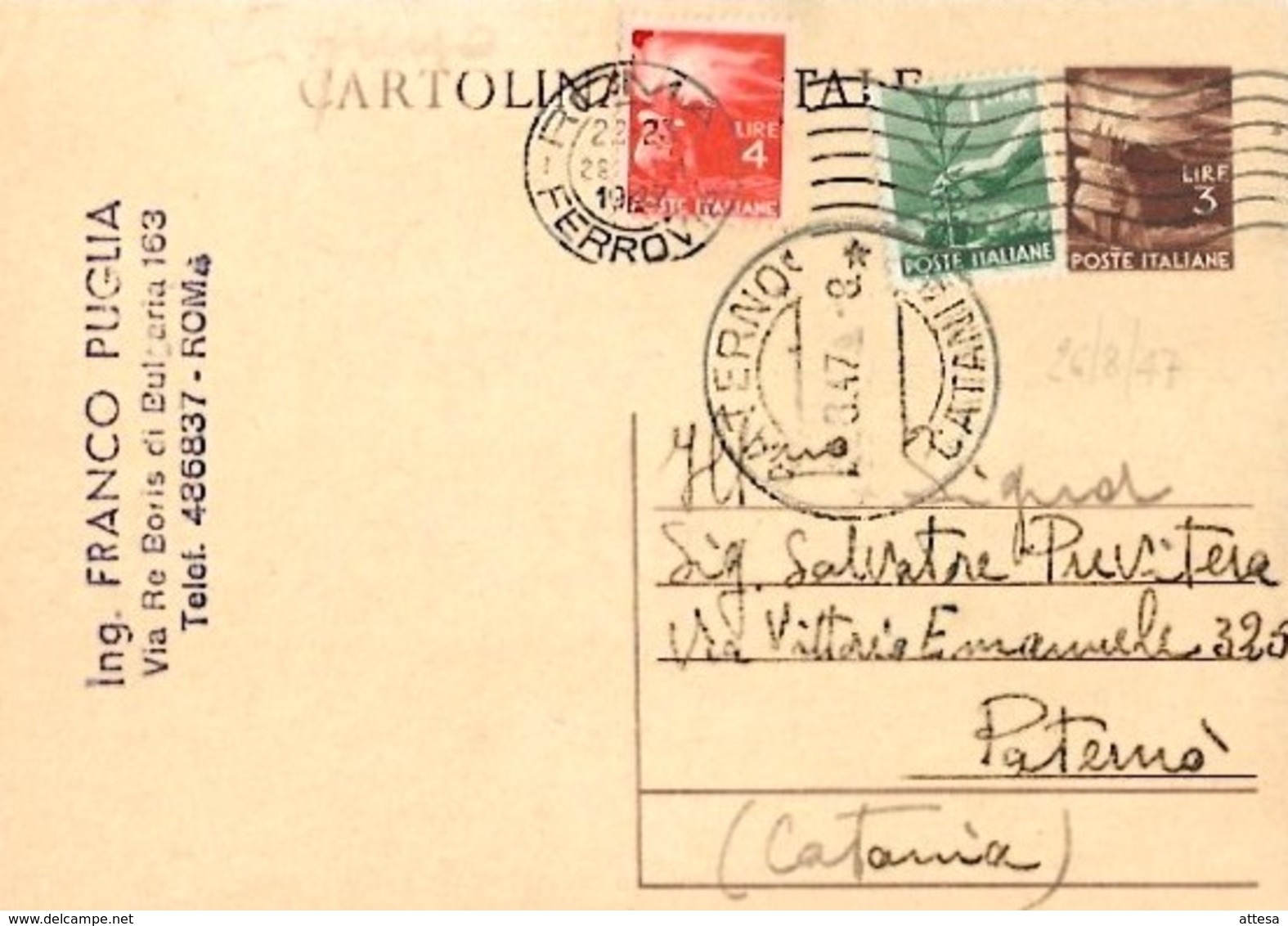 Intero C131 ; Roma 26-8-1947 Per Paternò - Interi Postali