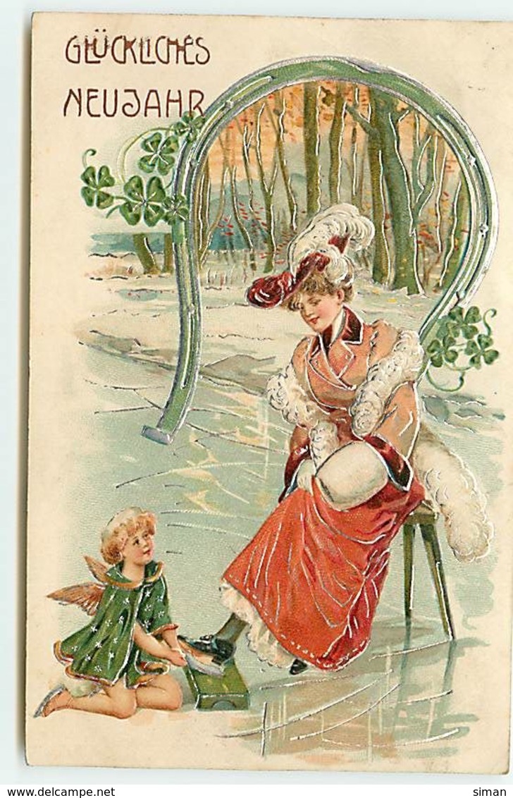 N°14166 - Carte Gaufrée - Glückliches Neujahr - Ange Aidant Une Jeune Femme à Mettre Des Patins - Nouvel An