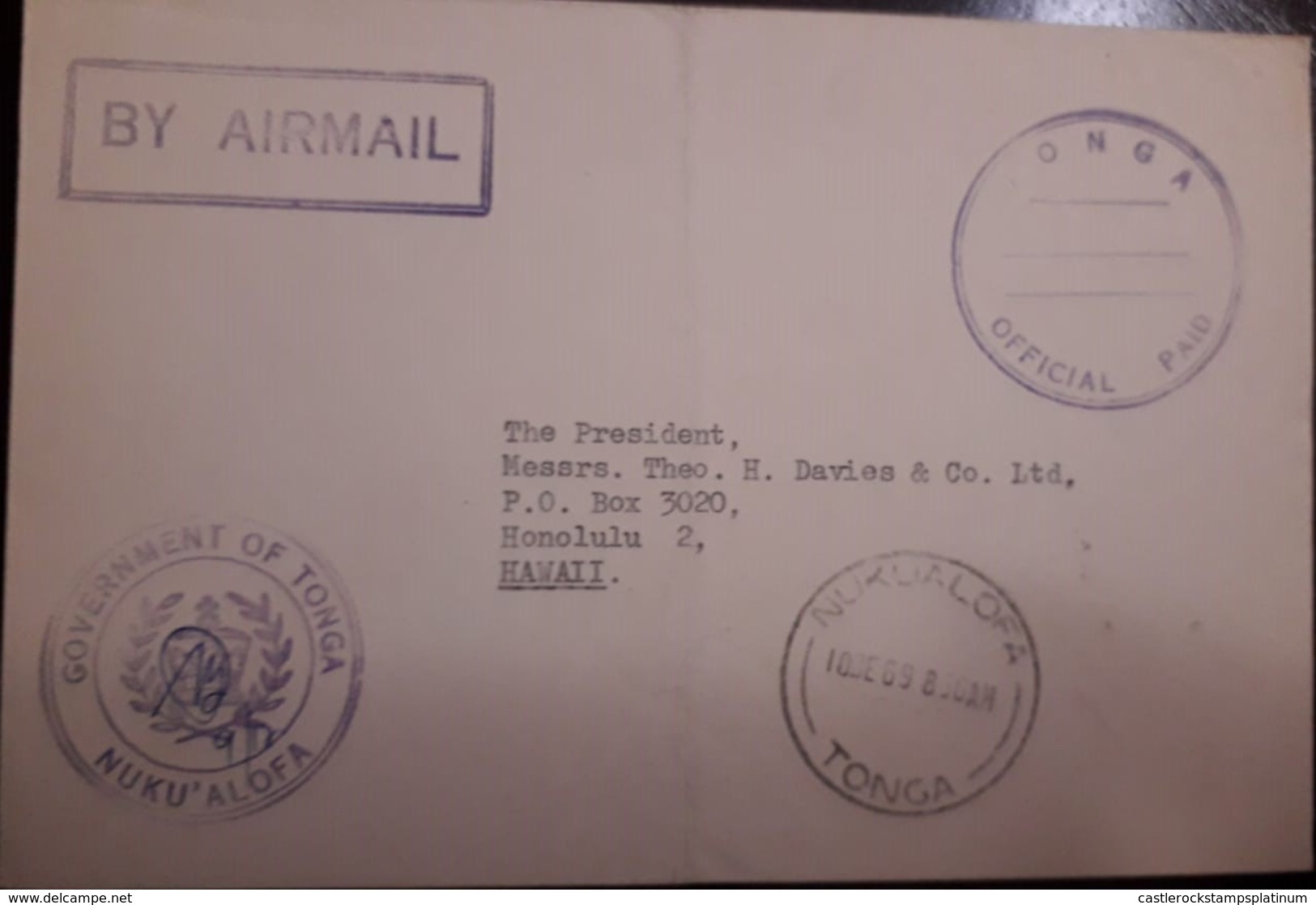 O) TONGA, OFFICIAL CANCEL COVER - NUKUALOFAGOVERNMENT OF TONGA - NUKU ALOFATO HAWAII, XF - Tonga (1970-...)