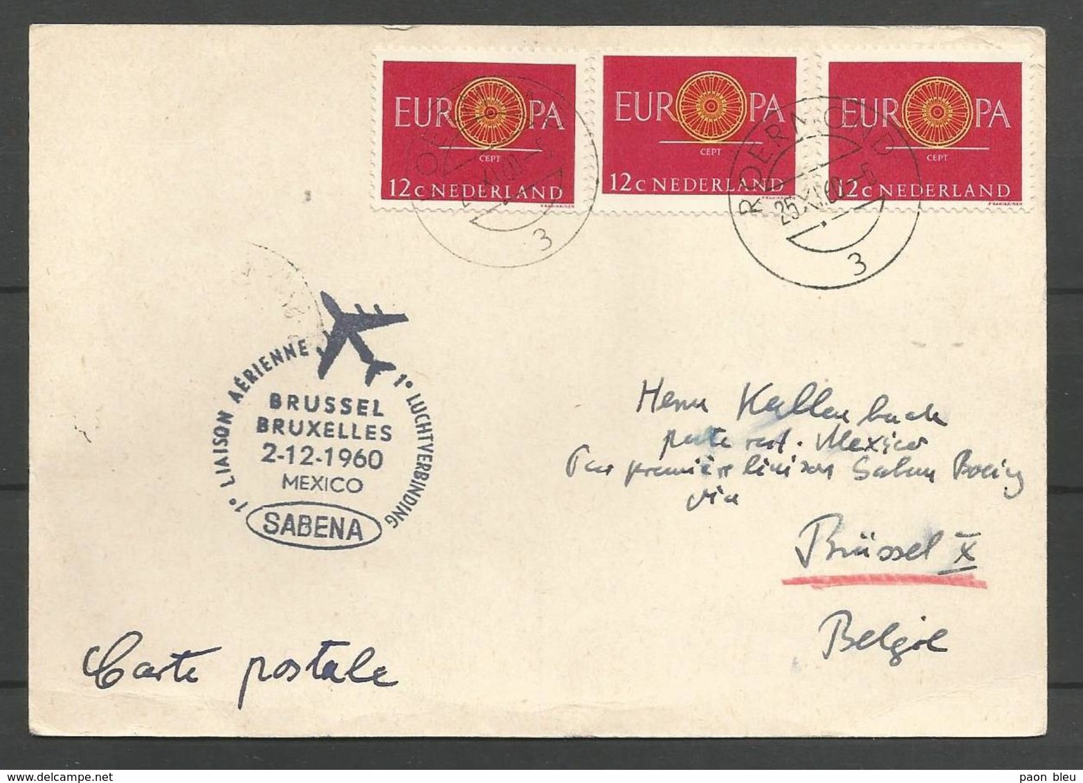 Aérophilatélie - Pays-Bas - Carte 1960 Roermond - Sabena Bruxelles-Mexico - Poste Aérienne