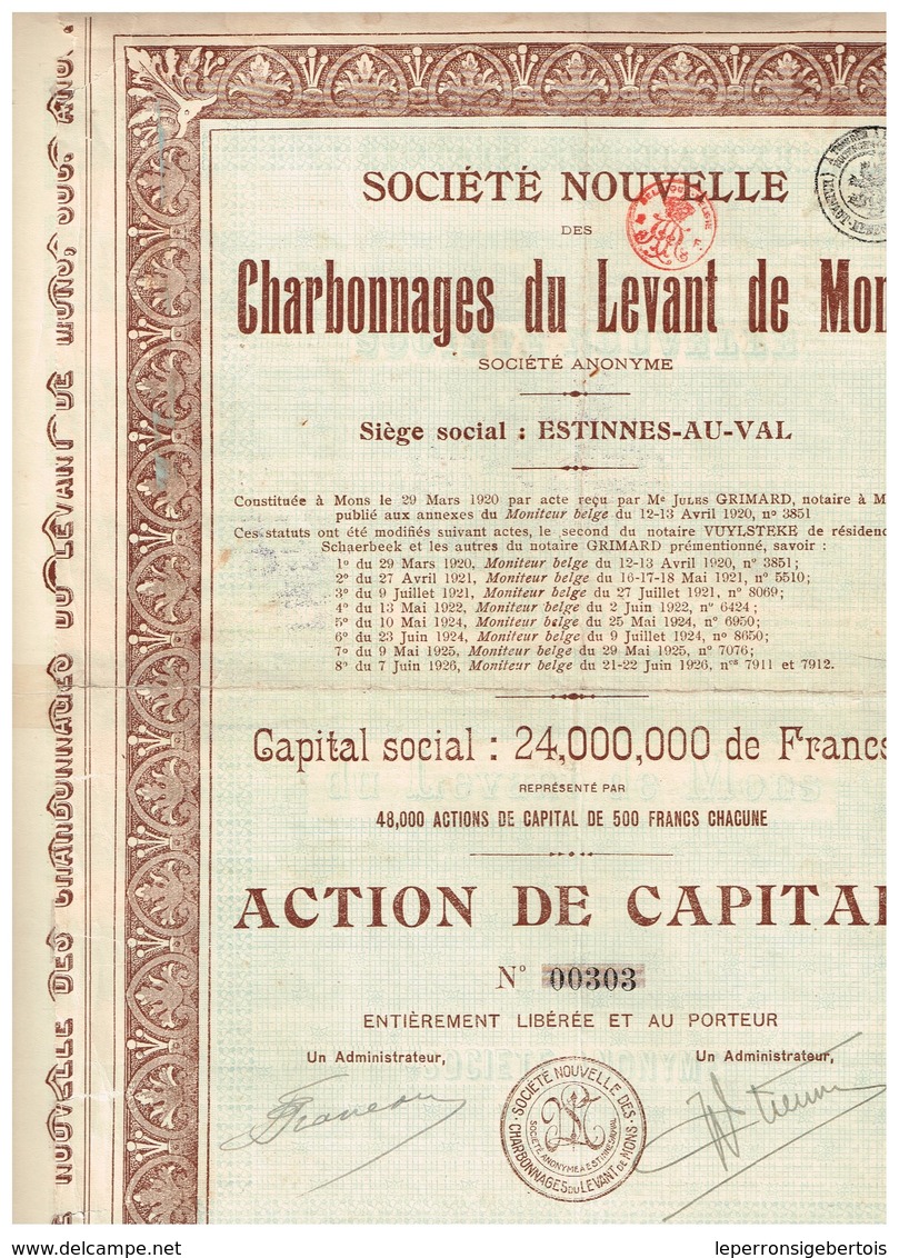 Titre Ancien - Société Nouvelle Des Charbonnages Du Levant De Mons - Titre De 1926 -N° 00303 - Mijnen