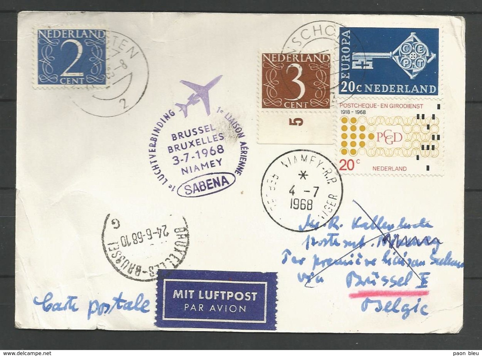 Aérophilatélie - Pays-Bas - Carte 1968 Winschoten -1er Vol Sabena Bruxelles-Niamey - Luchtpost