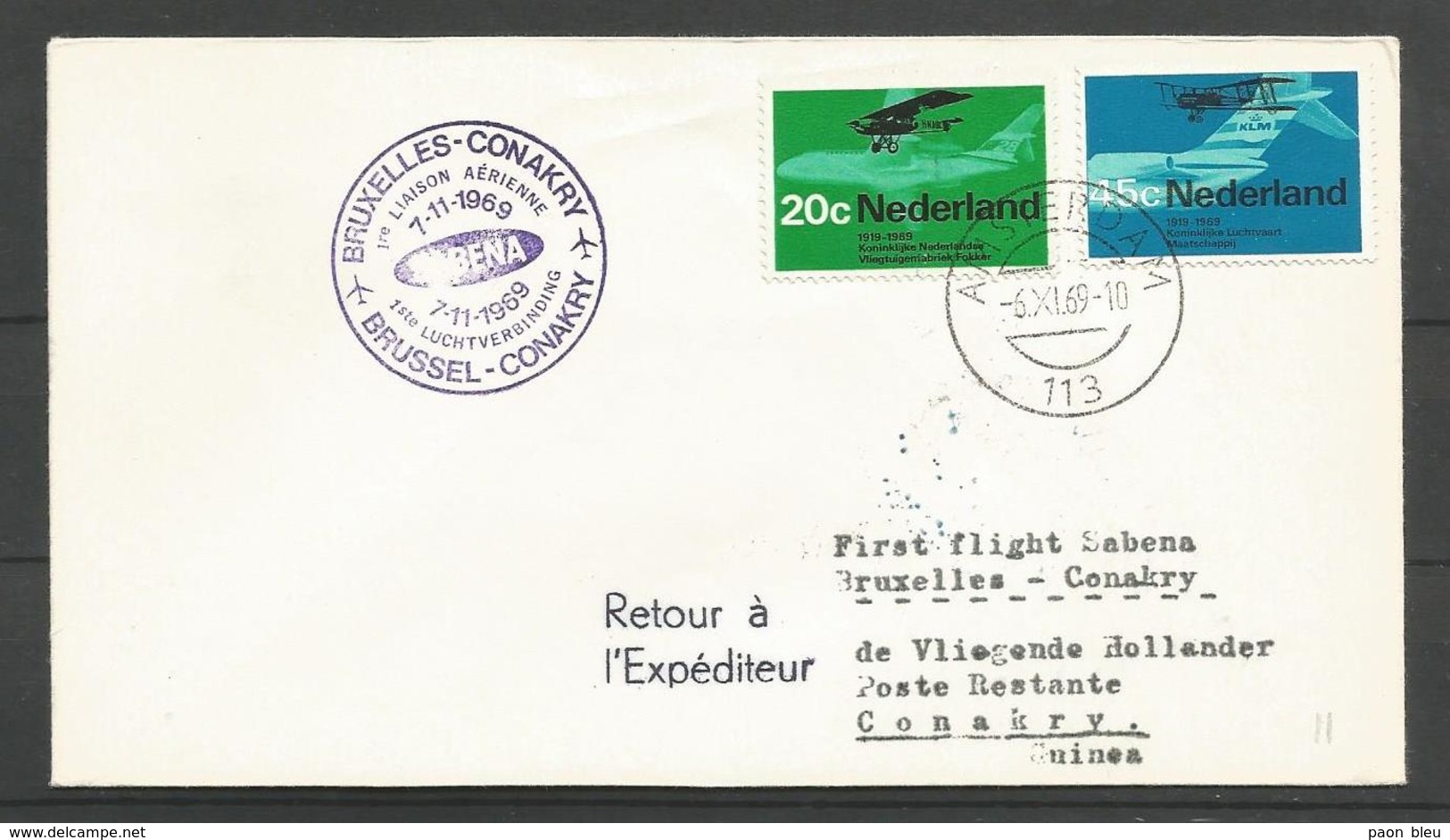 Aérophilatélie - Pays-Bas - Lettre 1969 Amsterdam - 1er Vol  Sabena Bruxelles-Conakry - Poste Aérienne