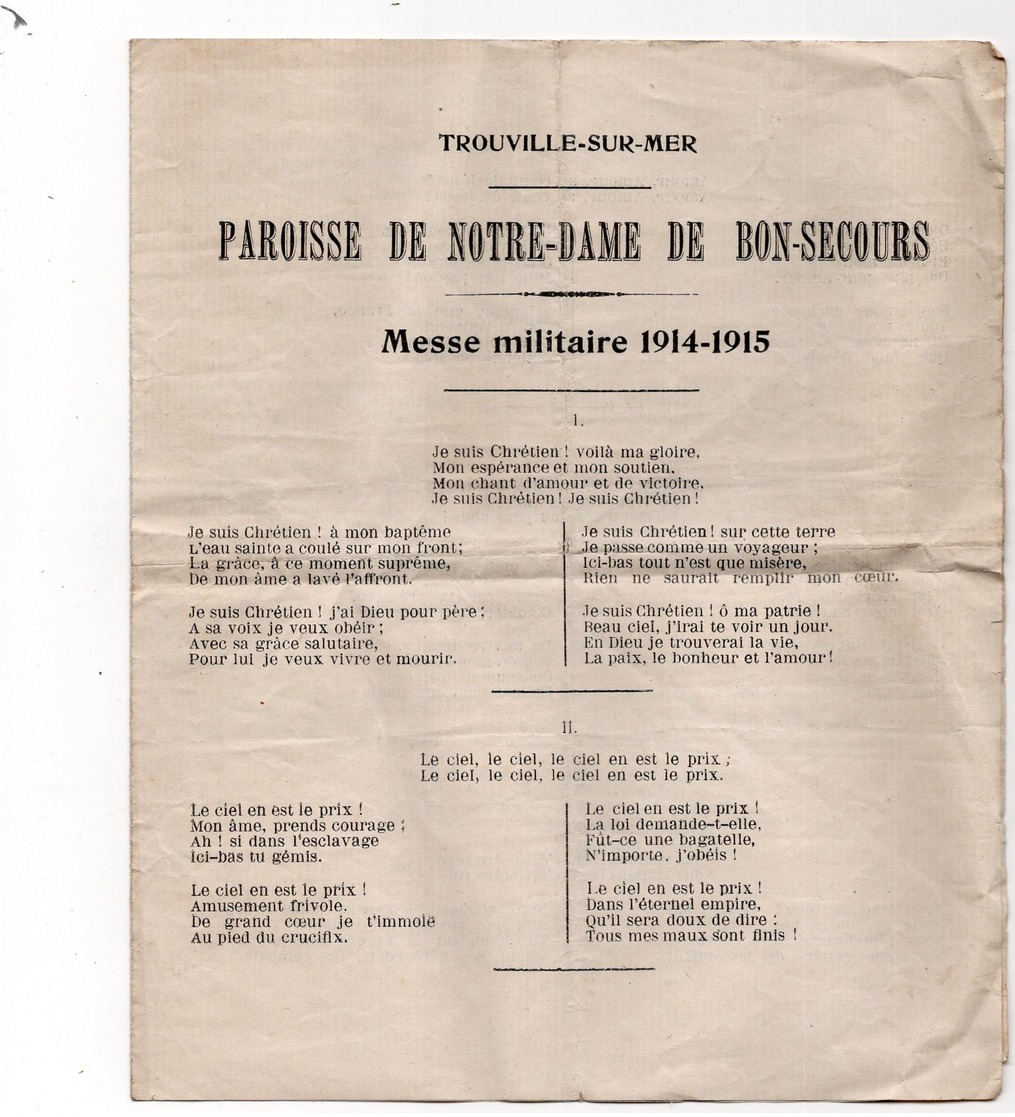 TROUVILLE SUR MER - Paroisse Notre Dame De Bon-Secours - Messe Militaire 1914-1915 - Documents